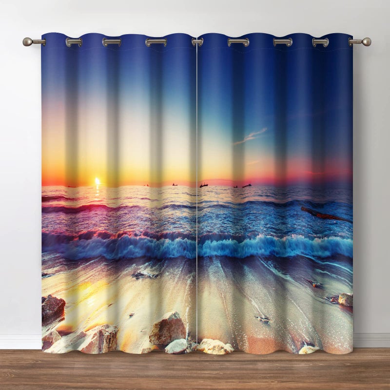 Jekeno Beach Aesthetic Blackout Curtains Ocean Waves Sunset Seaside Sea Dusk Print Drapes Decor Home Bedroom Apartment Living Room Darkening Grommet Window Treatments 2 Panels Set,52x84 Inches - Image 1