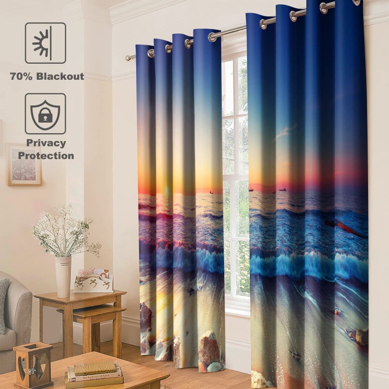 Jekeno Beach Aesthetic Blackout Curtains Ocean Waves Sunset Seaside Sea Dusk Print Drapes Decor Home Bedroom Apartment Living Room Darkening Grommet Window Treatments 2 Panels Set,52x84 Inches - Image 2