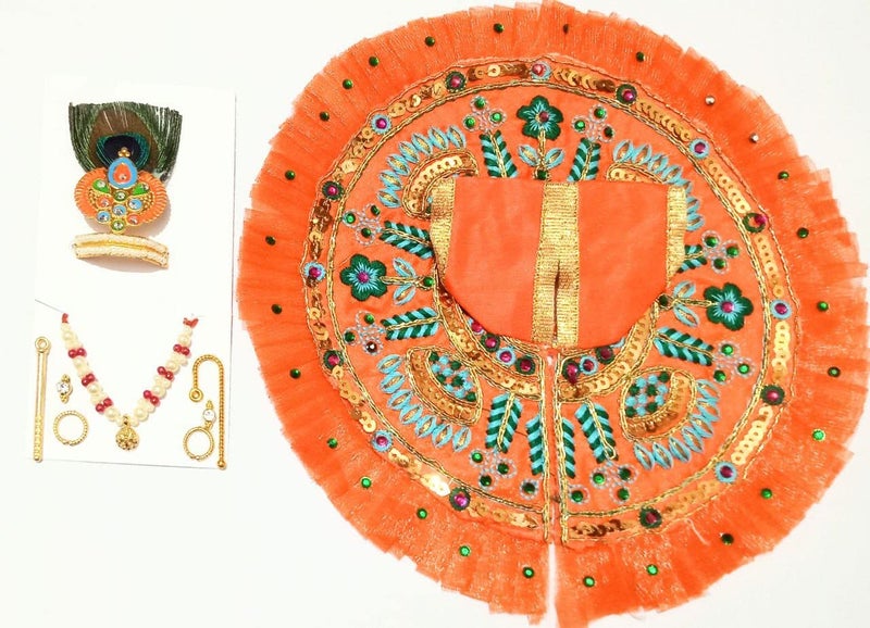 Brikshi Thakurji Bal Gopal Laddu Gopal Dress Kishan ji poshak VastraMala with shringer Set NO4Pack of 1 Orange - Image 1