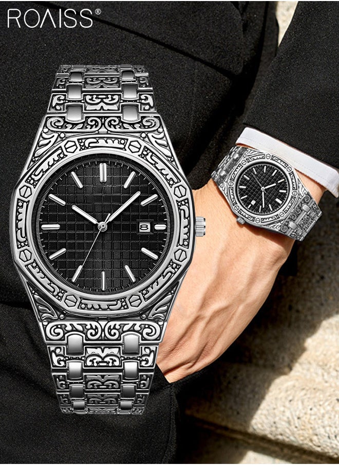 roaiss - Men's Alloy Strap Quartz Watches Analog Display Round Black Dial with Date Display Waterproof Luminous Retro Wristwatch as Gift for Men - Image 1