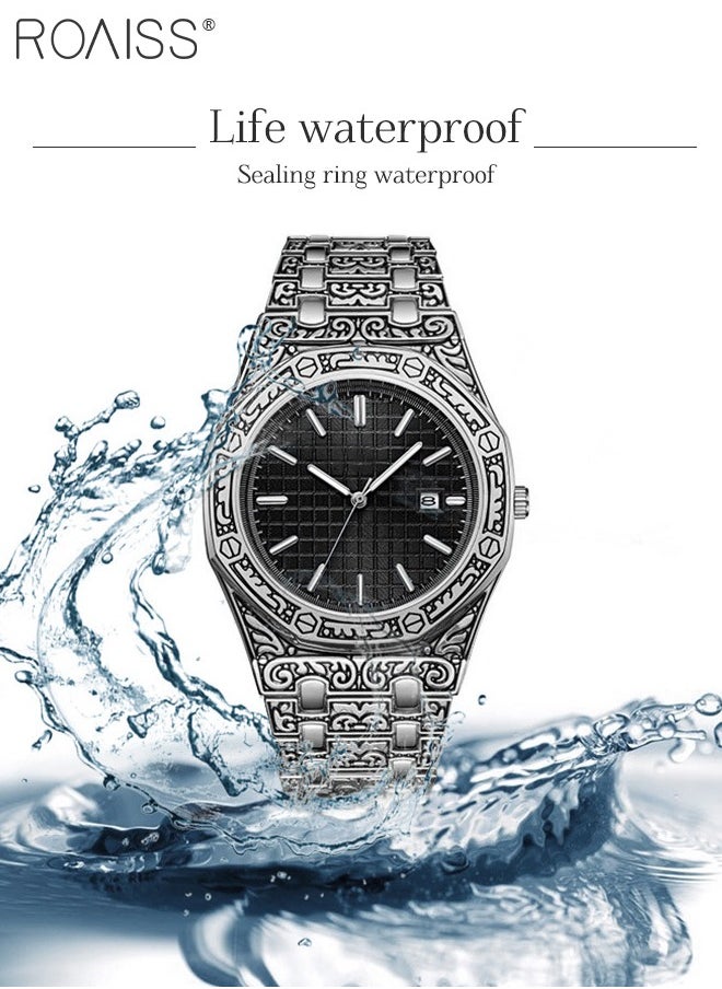 roaiss - Men's Alloy Strap Quartz Watches Analog Display Round Black Dial with Date Display Waterproof Luminous Retro Wristwatch as Gift for Men - Image 1