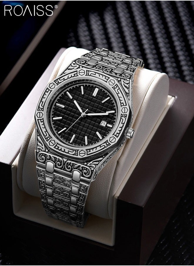 roaiss - Men's Alloy Strap Quartz Watches Analog Display Round Black Dial with Date Display Waterproof Luminous Retro Wristwatch as Gift for Men - Image 1