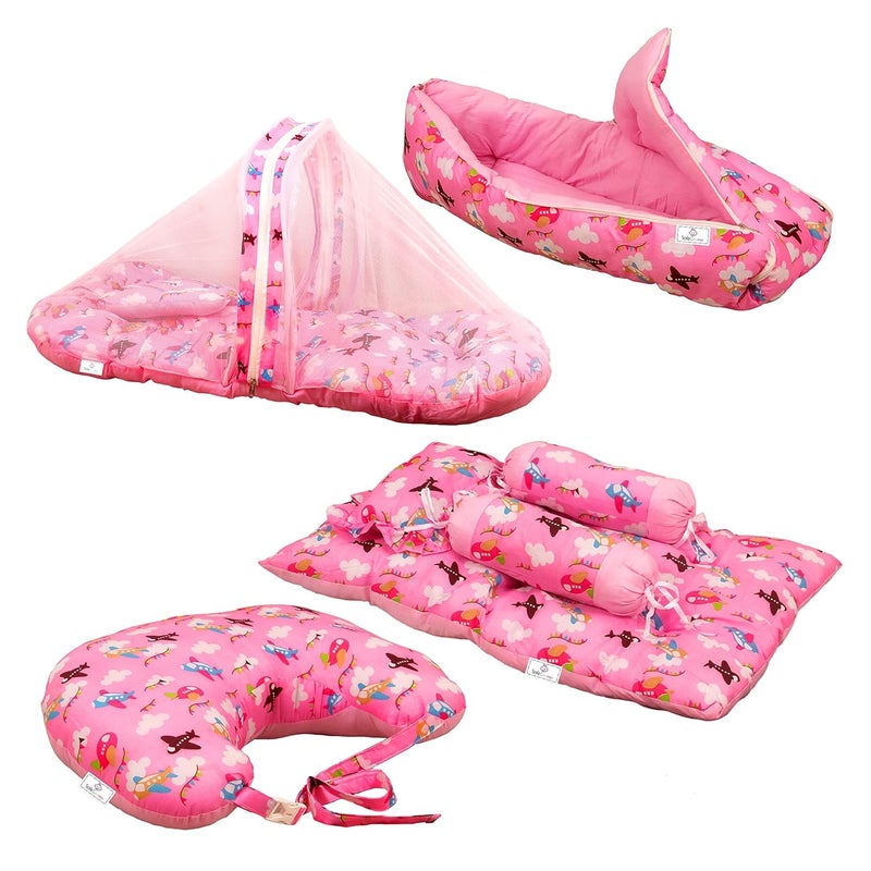 SafeChamp Skyler Baby 4 Piece Bedding Set with Pillow and Bolsters Sleeping Bag and Bedding Set and Feeding Pillow Combo Pack 4 Pink