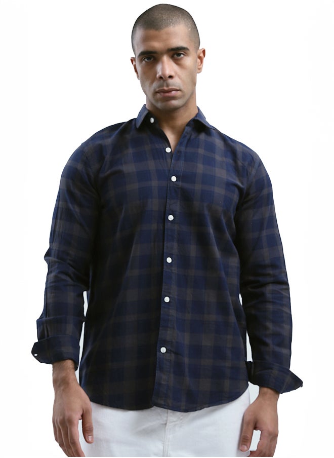 RAVIN Cotton Navy & Dark Beige Tartan Summer Shirt  - Image 1