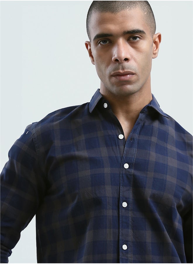 RAVIN Cotton Navy & Dark Beige Tartan Summer Shirt  - Image 4