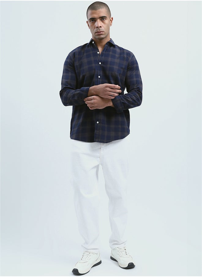 RAVIN Cotton Navy & Dark Beige Tartan Summer Shirt  - Image 5