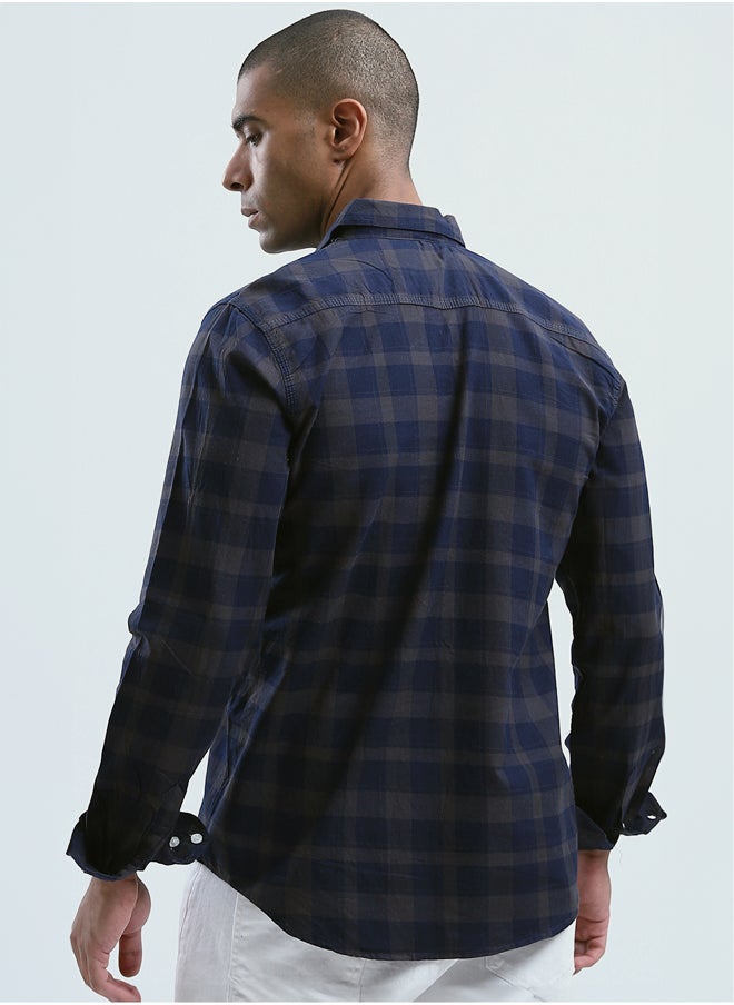 RAVIN Cotton Navy & Dark Beige Tartan Summer Shirt  - Image 3