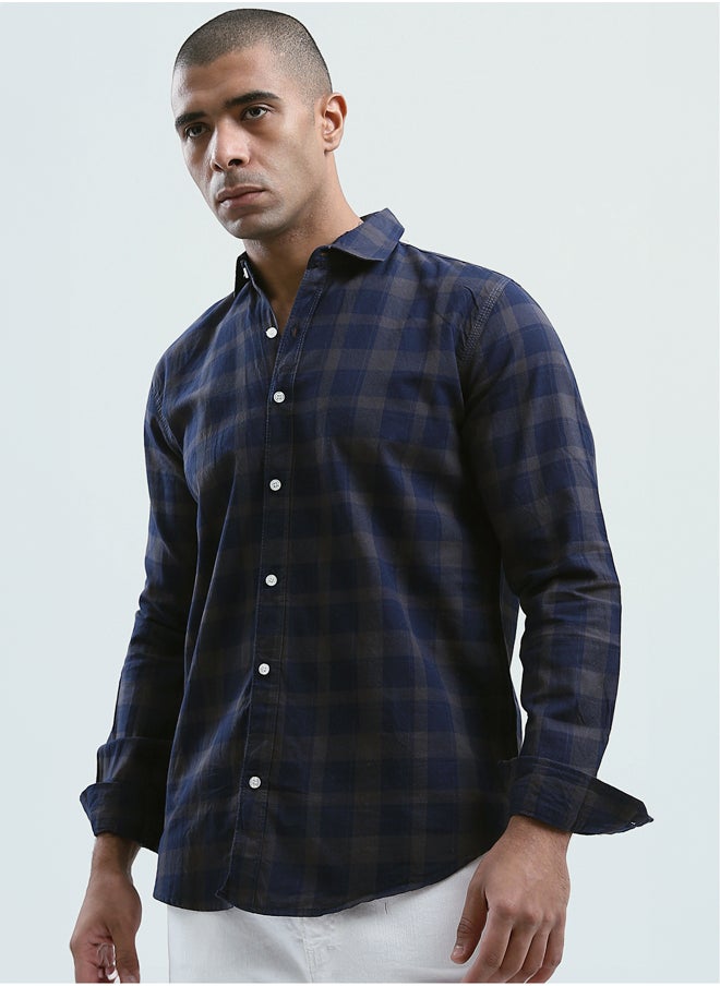 RAVIN Cotton Navy & Dark Beige Tartan Summer Shirt  - Image 2