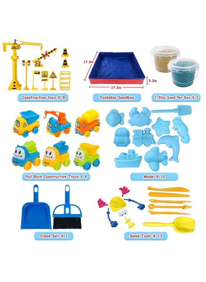 ESSENSON Play Construction Sand Kit - 3lbs Sand with 2 Colors, 6 Mini Construction Trucks, Construction Toys and Signs, Animal Mold, Modeling Tools, Foldable Sandbox with Clean Set Gifts for Boys Girls - Image 2