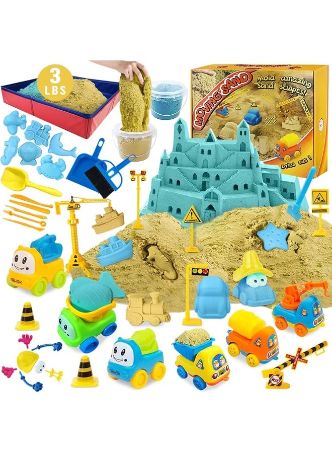 ESSENSON Play Construction Sand Kit - 3lbs Sand with 2 Colors, 6 Mini Construction Trucks, Construction Toys and Signs, Animal Mold, Modeling Tools, Foldable Sandbox with Clean Set Gifts for Boys Girls - Image 5