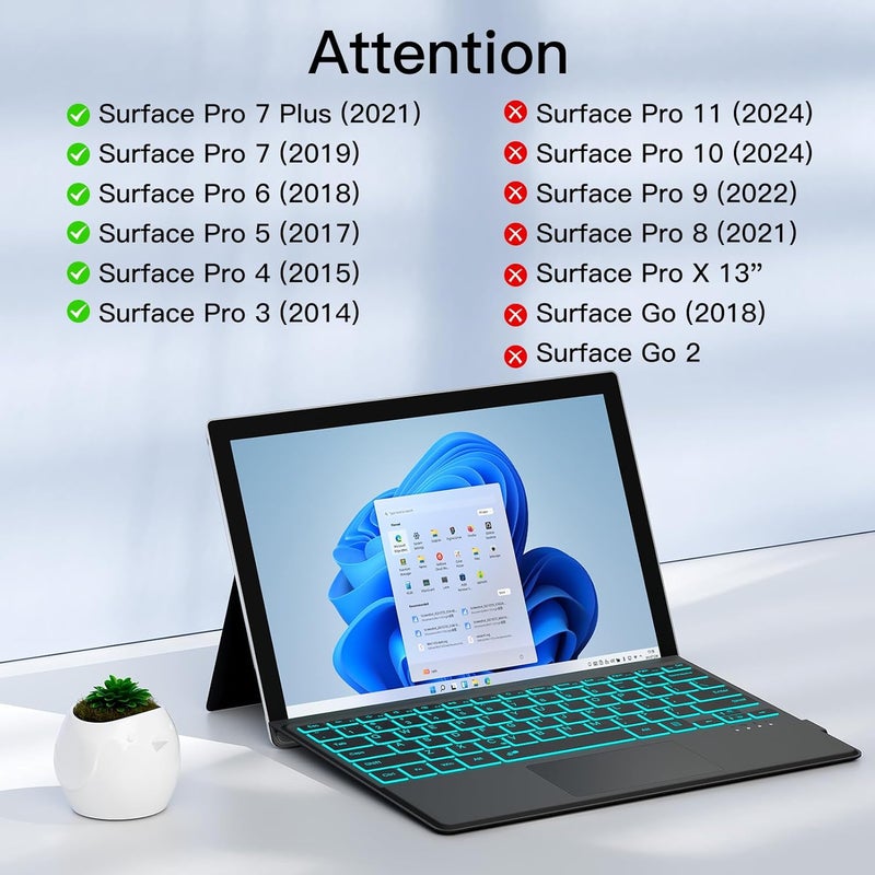 لوحة مفاتيح لـ Microsoft Surface Pro 7/Pro 7 Plus/Pro 6/Pro 5/Pro 4 12.3"/Pro 3، بلوتوث 5.2 لاسلكية محمولة، لوحة لمس متعددة الإيماءات غطاء كتابة بإضاءة خلفية 7 ألوان لـ Surface Pro 7/7+/6/5/4/3 - Image 2