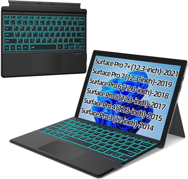 لوحة مفاتيح لـ Microsoft Surface Pro 7/Pro 7 Plus/Pro 6/Pro 5/Pro 4 12.3"/Pro 3، بلوتوث 5.2 لاسلكية محمولة، لوحة لمس متعددة الإيماءات غطاء كتابة بإضاءة خلفية 7 ألوان لـ Surface Pro 7/7+/6/5/4/3 - Image 1