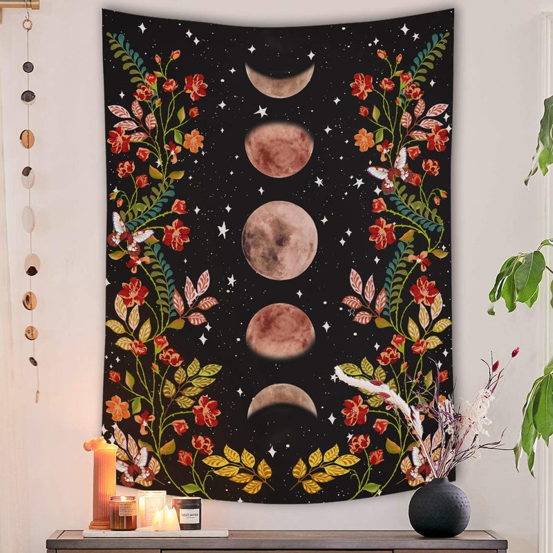 Lifeel Moonlit Garden Tapestry Moon Phase Surrounded by Vines and Flowers Black Wall Decor Tapestry 3648 inches