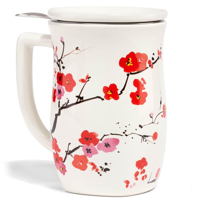 Tea Forte Sakura Fiore Ceramic 14 ounce Tea Mug with Infuser and Lid Ceramic Cup with Handle for Steeping Loose Leaf Teas Dishwasher  Microwave Safe