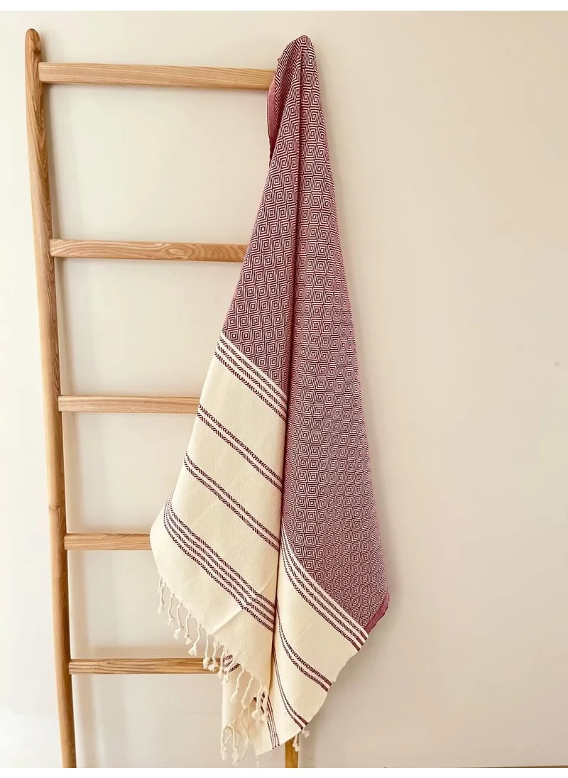 Bluenity Cotton Peshtemal Towel 90x150 Cm Ecru/Burgundy