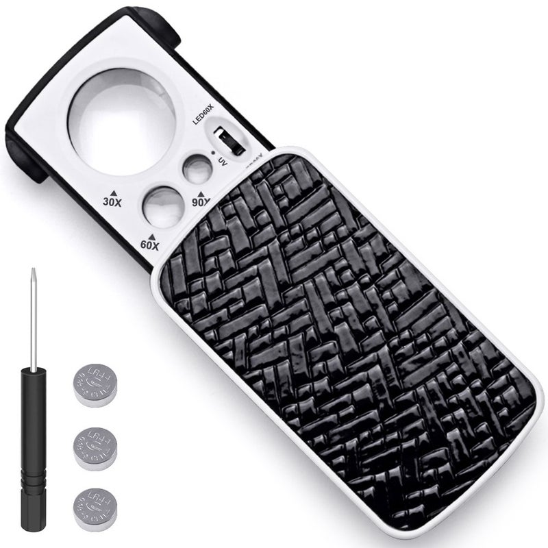 Jewelry Loupe Magnifier with UV LED Light AFUNTA 30X 60X 90X Slide Out Pocket Magnifying Glass for Jewelry Diamonds Gems Coins Stamps Rocks Watches Hobbies Antiques Models Photos Black