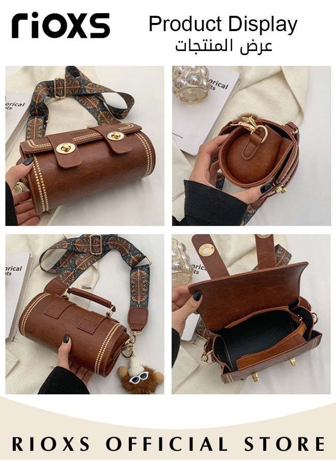 RIOXS - Women's Fashion Tote Boston Cylinder Bag Lightweight Crossbody Bag Trendy Design Retro Bag with Pendant - Image 1