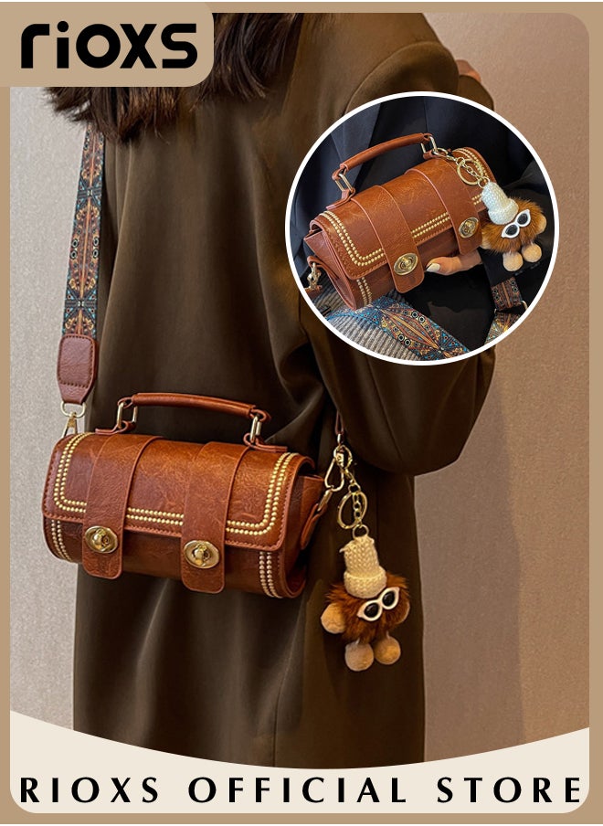 RIOXS - Women's Fashion Tote Boston Cylinder Bag Lightweight Crossbody Bag Trendy Design Retro Bag with Pendant - Image 1