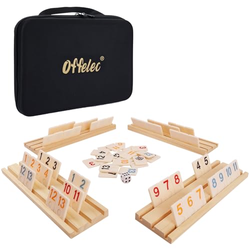 Offelec Upgraded Rummy Cube Game Set  4 Wooden Racks 106 Large Number Rummy Tiles and Portable Case Classic Rummy Games for 24 Players Travel  Family Board Game for Adults Kids  Parties Great Gifts - Image 1
