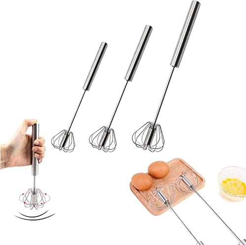 Fnoko Stainless Steel Semi-automatic Egg Whisk - 3PCS Hand Push Rotary Whisk Blender, 8in,10in,12in, Silver-8IN-10IN-12IN - Image 4