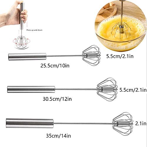 Fnoko Stainless Steel Semi-automatic Egg Whisk - 3PCS Hand Push Rotary Whisk Blender, 8in,10in,12in, Silver-8IN-10IN-12IN - Image 2