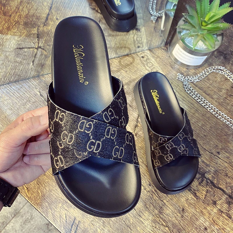 Genuine Leather Horse Fur With Letters Muffin Thick Bottom Small Size Sandals Women'S Outer Wear 2022 New Summer Fashion Beach Shoes - Image 4