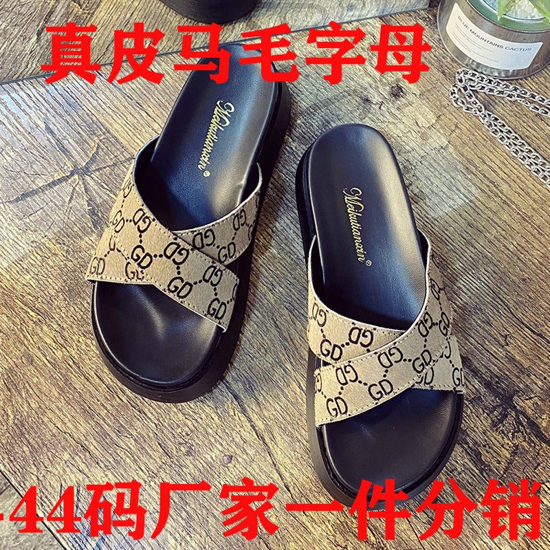 Genuine Leather Horse Fur With Letters Muffin Thick Bottom Small Size Sandals Women'S Outer Wear 2022 New Summer Fashion Beach Shoes - Image 2