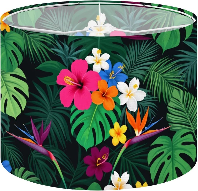 Drum Lamp Shade Tropical Floral Paradise Hibiscus Plumeria Bird Paradise Flowers Lampshade for Table Lamps Floor Lamps Pendant Light 13"x13"x10" Replacement Linen Large Lamp Shade Easy Assembly - Image 1