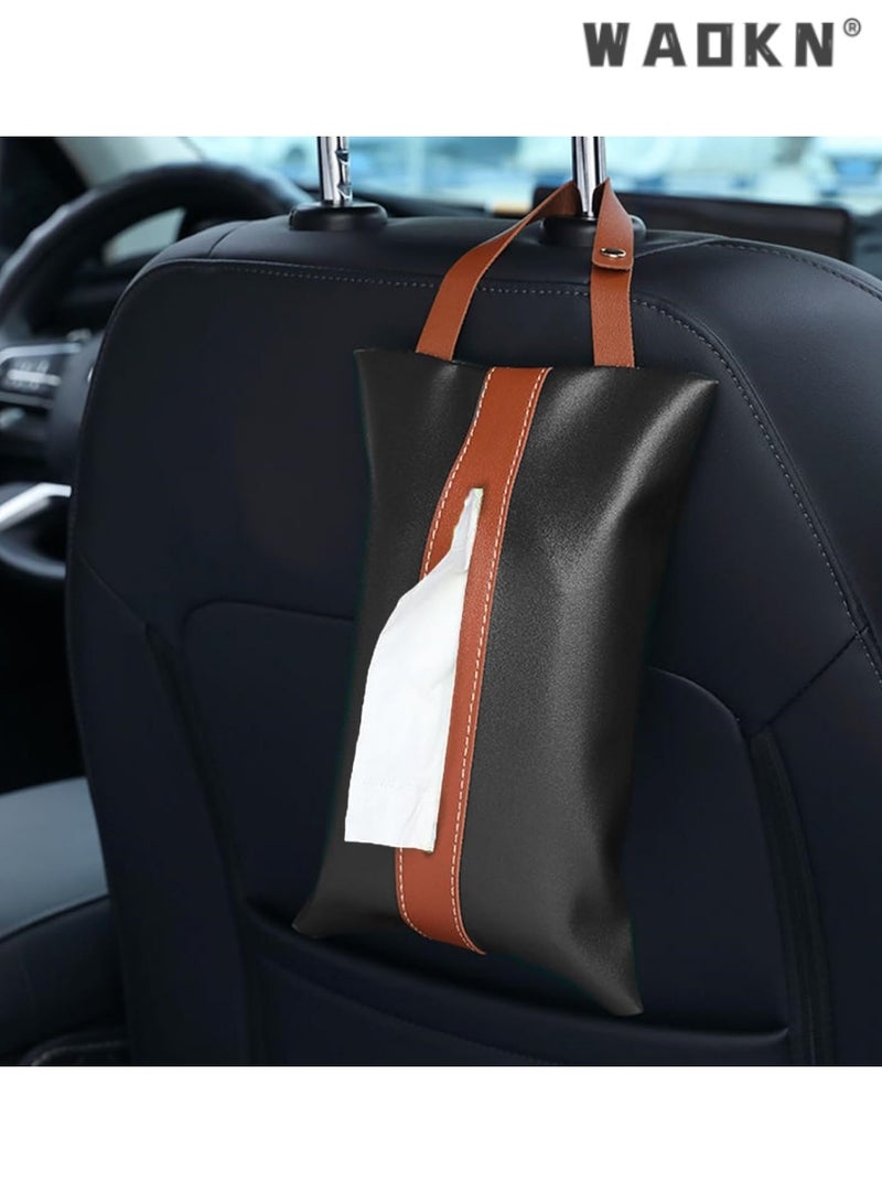 دبليو أيه أو كي أن صندوق مناديل جلد PU متعدد الوظائف، حافظة حامل مناديل معلقة للسيارة والمنزل، غطاء صندوق مناديل مبتكر وأنيق، تخزين مناديل محمولة (أسود) - Image 1