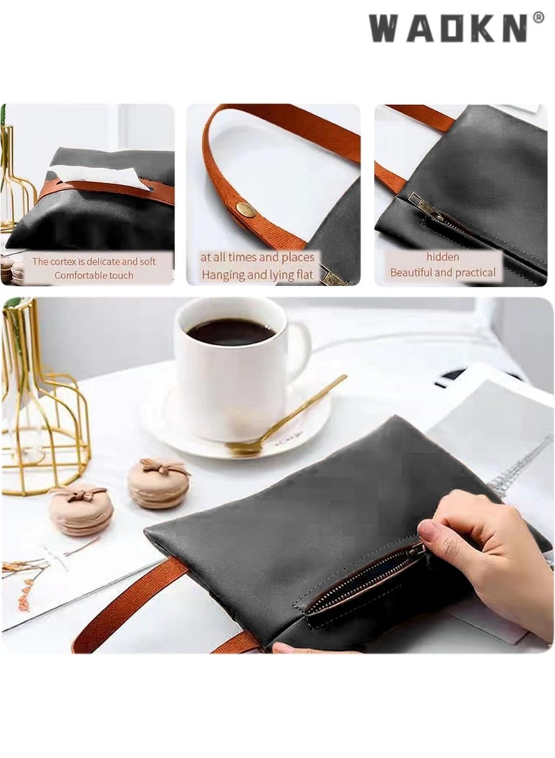 دبليو أيه أو كي أن صندوق مناديل جلد PU متعدد الوظائف، حافظة حامل مناديل معلقة للسيارة والمنزل، غطاء صندوق مناديل مبتكر وأنيق، تخزين مناديل محمولة (أسود) - Image 3