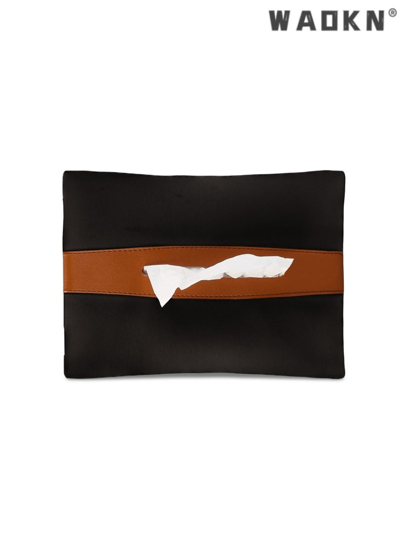 دبليو أيه أو كي أن صندوق مناديل جلد PU متعدد الوظائف، حافظة حامل مناديل معلقة للسيارة والمنزل، غطاء صندوق مناديل مبتكر وأنيق، تخزين مناديل محمولة (أسود) - Image 5