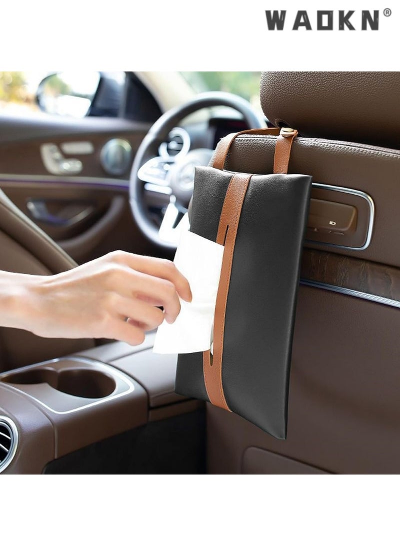 دبليو أيه أو كي أن صندوق مناديل جلد PU متعدد الوظائف، حافظة حامل مناديل معلقة للسيارة والمنزل، غطاء صندوق مناديل مبتكر وأنيق، تخزين مناديل محمولة (أسود) - Image 2