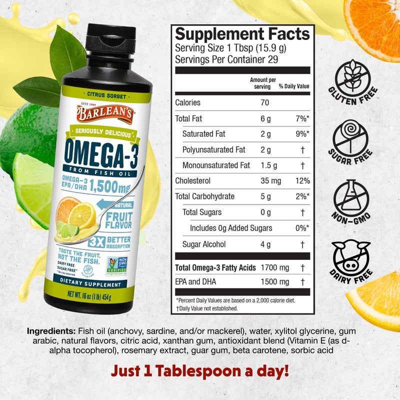 Barlean's Omega 3 Fish Oil Liquid Supplement for Men and Women, 1500mg of EPA and DHA Fatty Acid, Promotes Brain & Heart Health - Non-GMO, Citrus Sorbet, 16 oz - Image 2