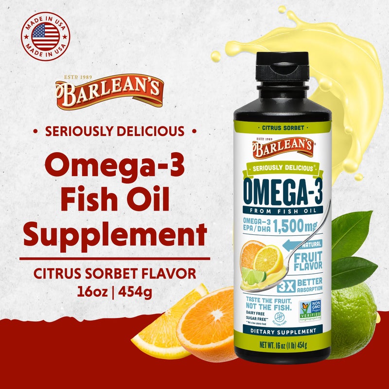 Barlean's Omega 3 Fish Oil Liquid Supplement for Men and Women, 1500mg of EPA and DHA Fatty Acid, Promotes Brain & Heart Health - Non-GMO, Citrus Sorbet, 16 oz - Image 3