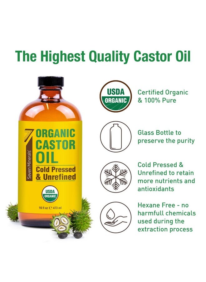 Seven Minerals - Seven Minerals New 16 fl oz Glass Bottle Castor Oil Organic Cold Pressed Unrefined Glass Bottle Pack - 100% Pure USDA Certified Organic Hexane Free - Image 1