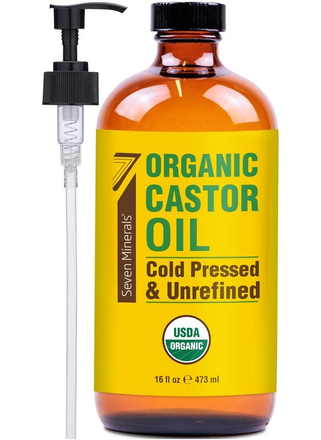 Seven Minerals - Seven Minerals New 16 fl oz Glass Bottle Castor Oil Organic Cold Pressed Unrefined Glass Bottle Pack - 100% Pure USDA Certified Organic Hexane Free - Image 1