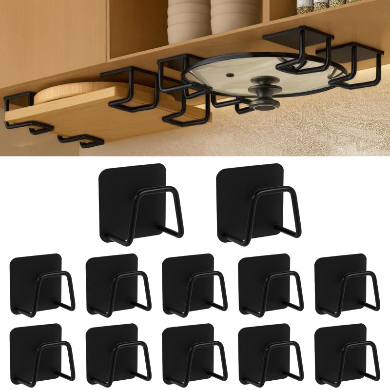 YCQDDA Under Cabinet Cutting Board Holder - 12 Pack Pot Lid & Chopping Board Organizer Rack, Stainless Steel Adhesive Storage for Kitchen Cabinets & Counter, No Drilling Required (Black) - Image 1