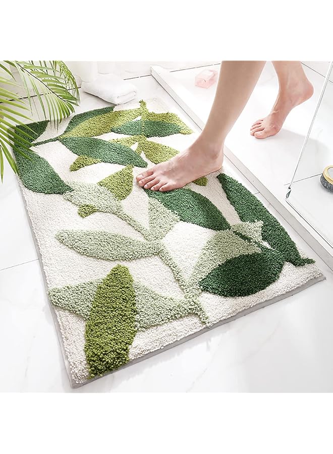 The Bros Non-Slip Bath Mat, 45 x 65 cm Green Leaf Bathroom Floor Mat Super Soft and Water Absorbent, Machine Washable Microfiber Bathroom Rug for Bathroom, Shower, Bedroom, Kitchen, Doorway - Image 1