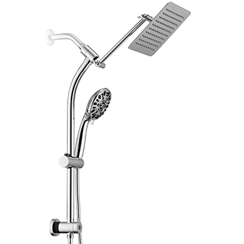 UCLIMAA Rainfall 8 Inch Shower Head with High Pressure Handheld Spray Combo, Drill-Free Slide Bar with Adjustable Shower Extension Arm, 3-Way Low Diverter for Easy Reach, 5Ft Hose- Chrome - Image 1