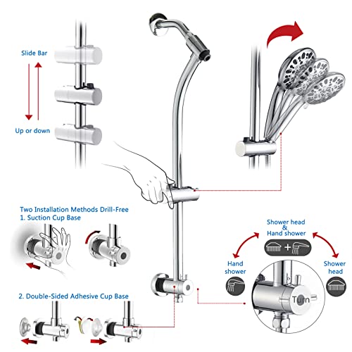 UCLIMAA Rainfall 8 Inch Shower Head with High Pressure Handheld Spray Combo, Drill-Free Slide Bar with Adjustable Shower Extension Arm, 3-Way Low Diverter for Easy Reach, 5Ft Hose- Chrome - Image 2