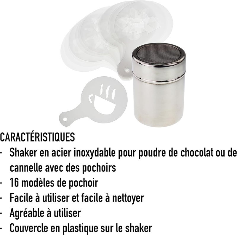 Thermometer World Chocolate Shaker with 16 Piece Coffee Stencils Set for Coffee Lovers Decorating Cappuccino Latte Hot Chocolate Cocoa Cake Design Decoration Duster - Image 4