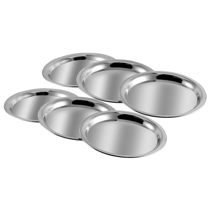 Shopsidex Steel Round Plate Set of 6 20cm Dia Classic Design Thali Set Mirror Finish Food Grade Steel Serving Plate for Dinner 12No - Image 3