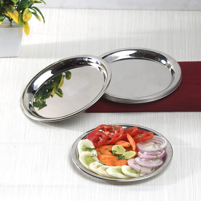 Shopsidex Steel Round Plate Set of 6 20cm Dia Classic Design Thali Set Mirror Finish Food Grade Steel Serving Plate for Dinner 12No - Image 4