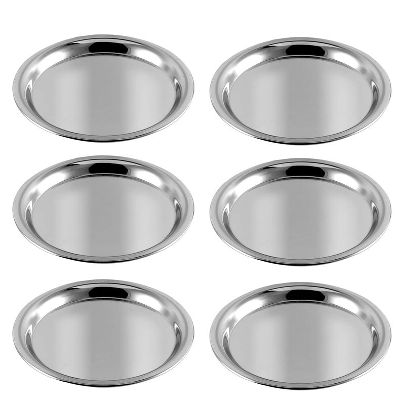 Shopsidex Steel Round Plate Set of 6 20cm Dia Classic Design Thali Set Mirror Finish Food Grade Steel Serving Plate for Dinner 12No - Image 2
