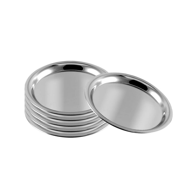 Shopsidex Steel Round Plate Set of 6 20cm Dia Classic Design Thali Set Mirror Finish Food Grade Steel Serving Plate for Dinner 12No - Image 1