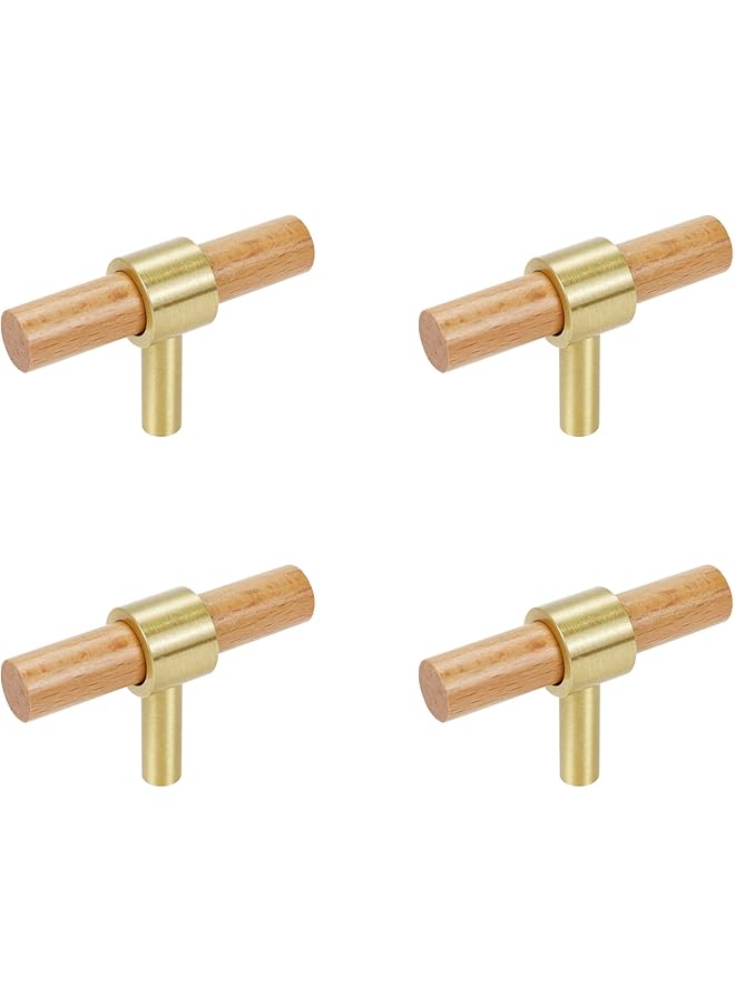 The Bros 4 قطع مقابض درج من الخشب الصلب والنحاس، مقابض سحب خشبية عصرية باللون الذهبي لمقابض خزائن المطبخ 2.36" فتحة واحدة - Image 1