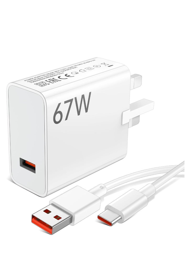 67W USB Plug Turbo Charger for Xiaomi, Fast Charger Plug with USB C Charging Cable 1M, USB Plug Charger UK Power Adapter for Redmi Note K80/K70/K60/K50/14/13/12/11/10 Pro/Mi 15/14T/14 Ultra/14//13T/12X/11T/Pad 7/Pad 6/Pad 5/POCO X7/X6/X5/X4/M6/M5/M4/M3 - Image 1