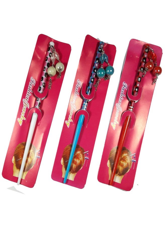 Salvus App SOLUTIONS Multicolor Hair Stick Set of 3 for Girls & Women | Stylish Hair Bun Stick | Juda Pin | Hair Accessories for Bun - Image 1