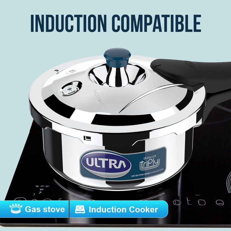 Ultra Duracook Triply Pressure Cooker 2 Litre | Aisi 304 Food Grade Stainless Steel Cooker | 5 Years Warranty | Injection Moulded Handles | Induction Compatible | 1.2 Mm Lid Thickness | Scts Base - Image 3