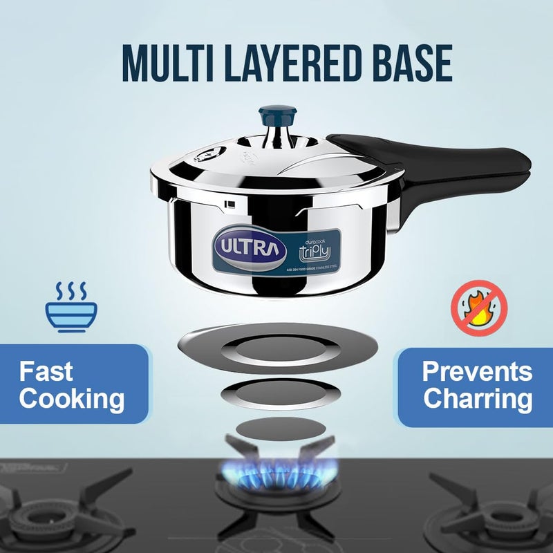 Ultra Duracook Triply Pressure Cooker 2 Litre | Aisi 304 Food Grade Stainless Steel Cooker | 5 Years Warranty | Injection Moulded Handles | Induction Compatible | 1.2 Mm Lid Thickness | Scts Base - Image 4